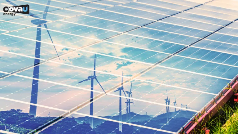 Solar farm and wind turbines under a cloudy sky