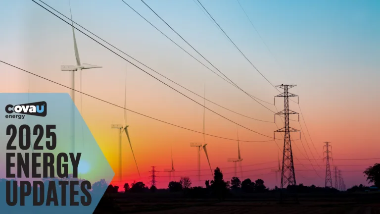 Power lines and wind turbines with the heading 2025 energy updates