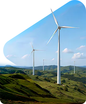 Wind turbines across green hills